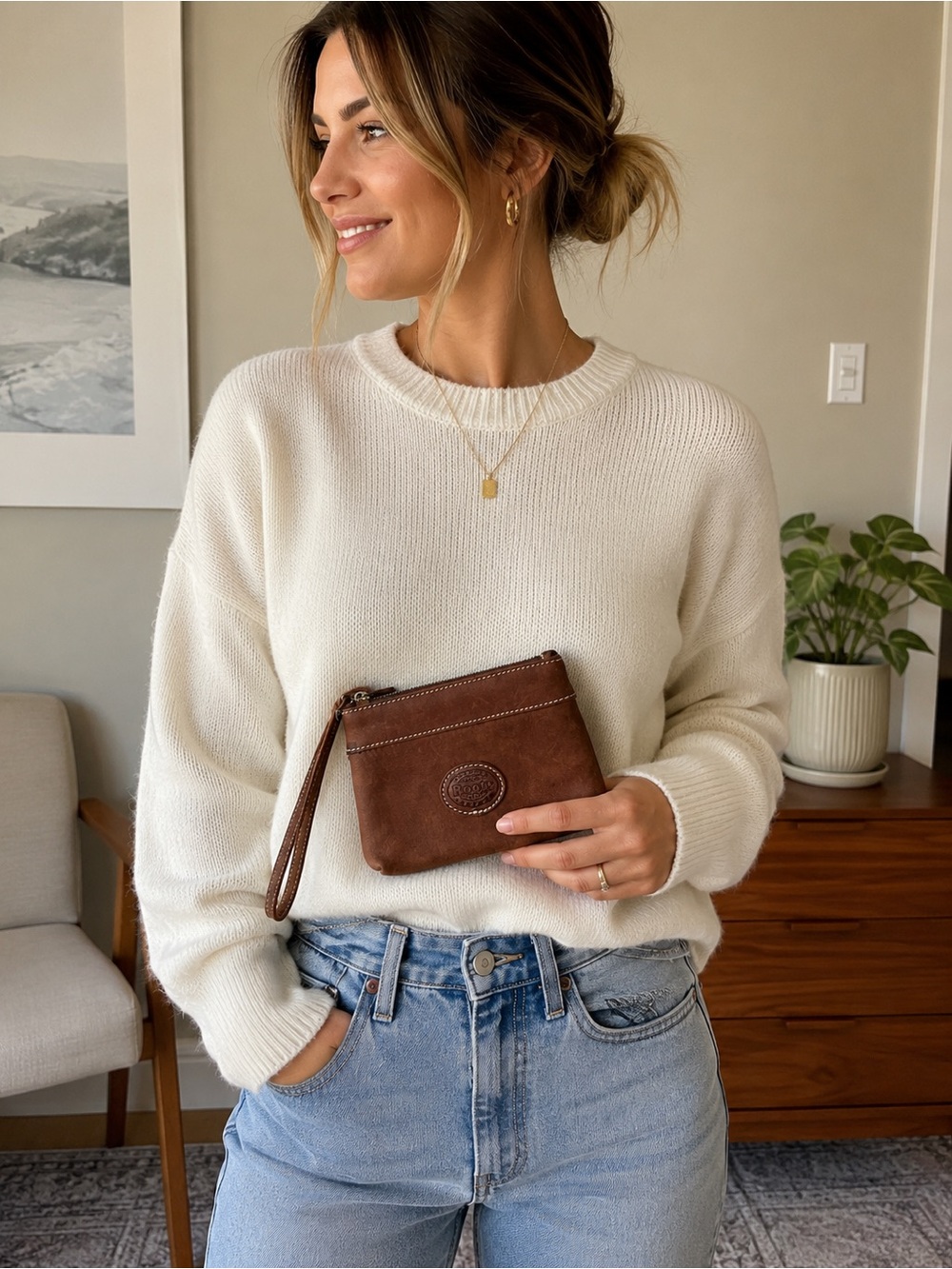Roots Genuine Leather Wristlet Coin Purse / Mini Clutch – Brown